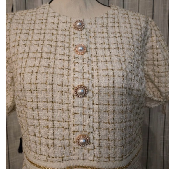Simply Southern Scalloped Cream Tweed Dress with Puffy Sleeves NWT Size Medium - Picture 14 of 17